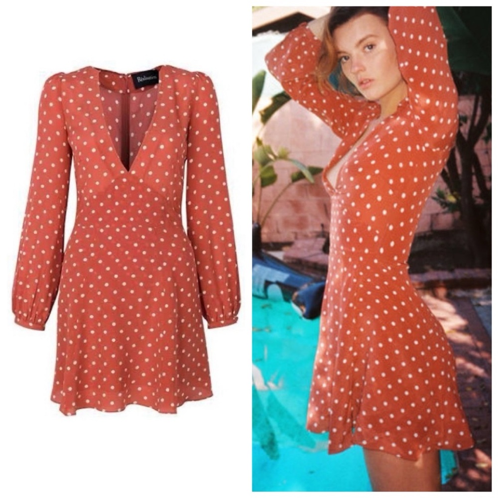 Realisation Par Kate Silk Deep V-Neck Long Sleeve Mini Dress Rust Polka Dot M